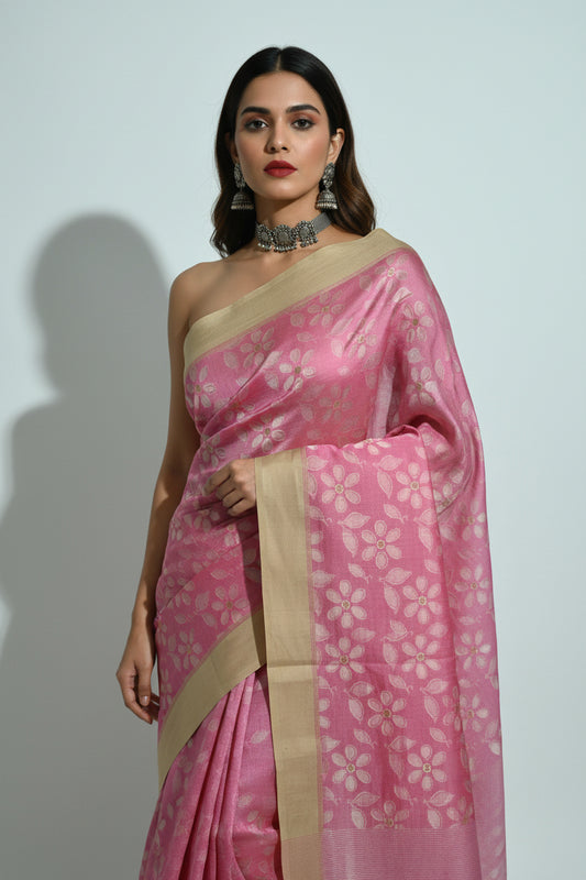 Muslin Silk Dhaka Jamdhani- Pink saree with seetu Floral Work