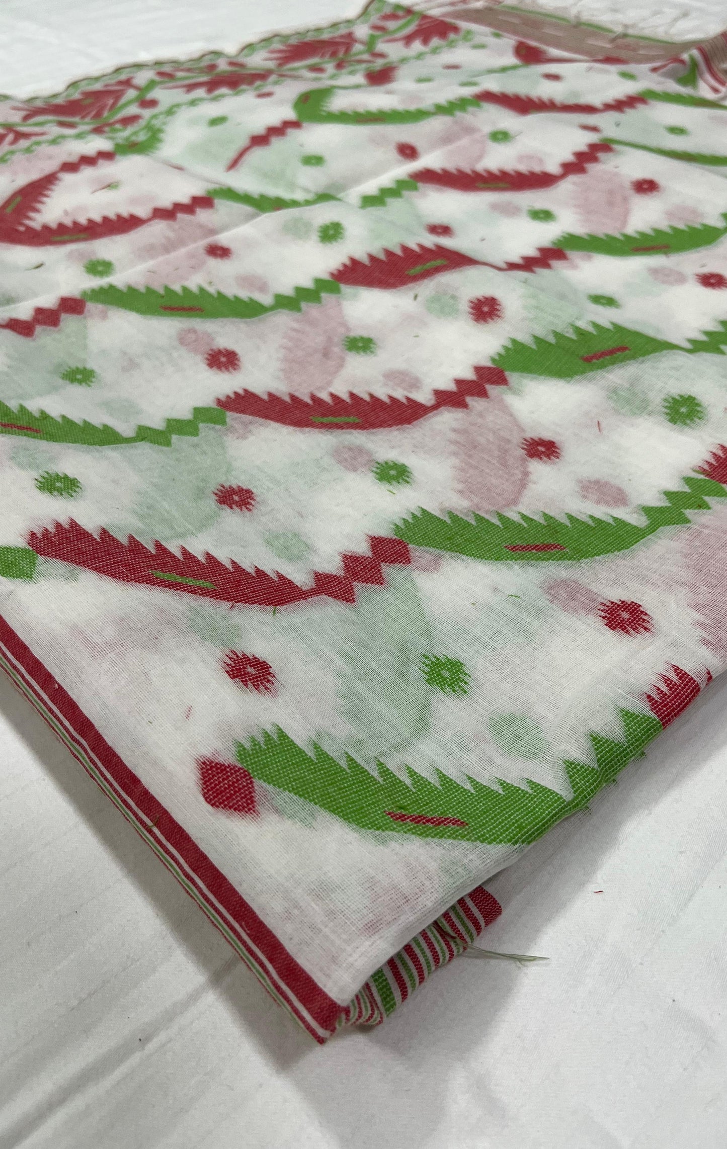 Dhaka Cotton-All Body Jamdani - White Red & Green