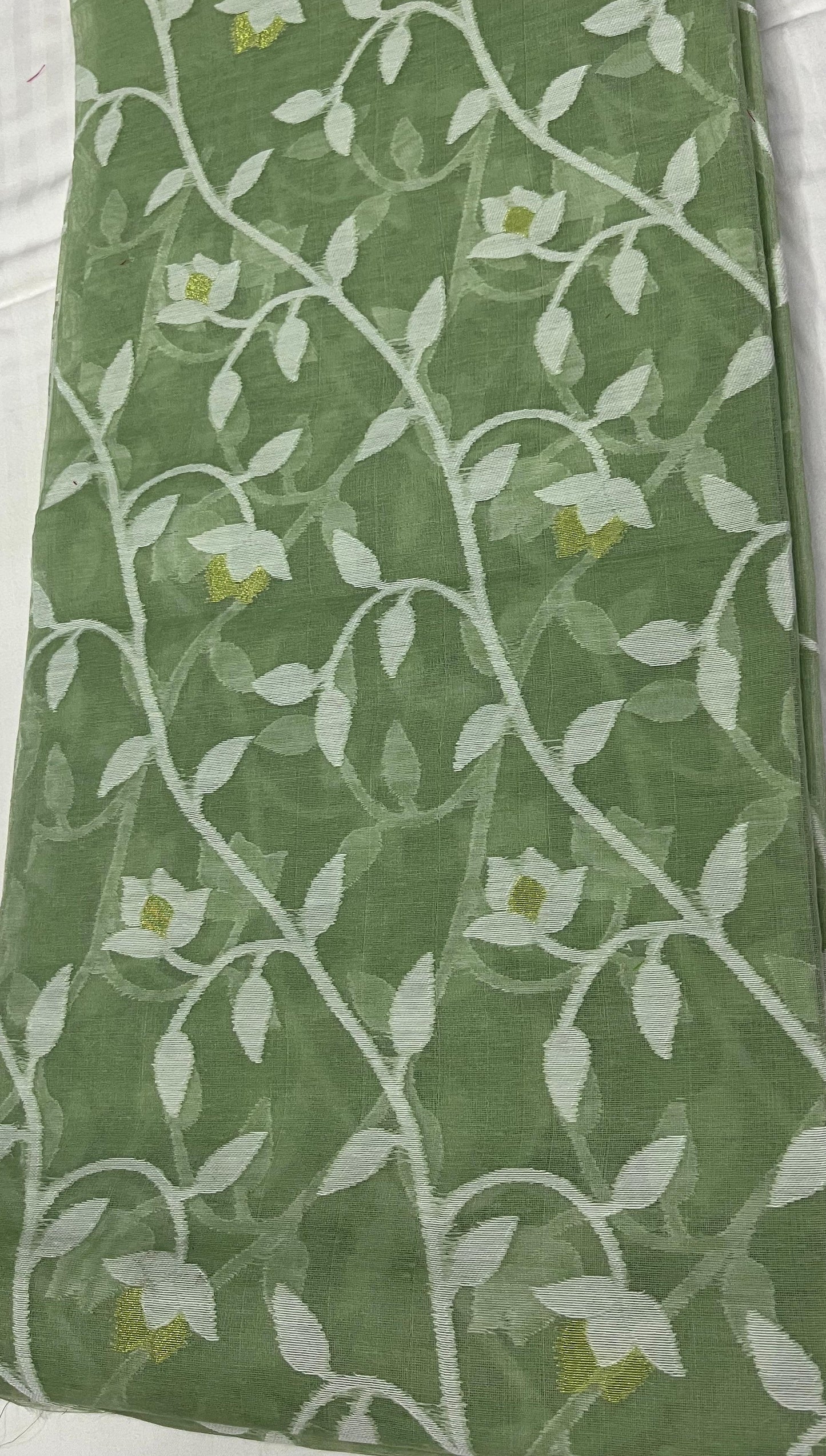 Dhaka Jamdani Cotton Saree - Pista Green with All-Over Motifs