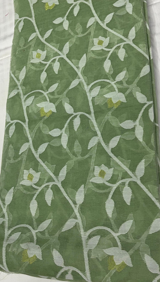 Dhaka Jamdani Cotton Saree - Pista Green with All-Over Motifs