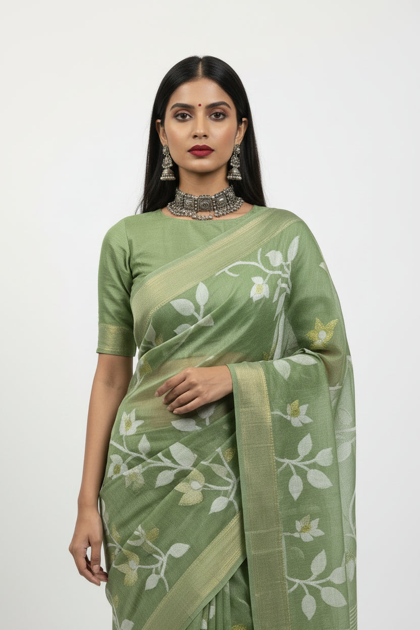 Dhaka Jamdani Cotton Saree - Pista Green with All-Over Motifs