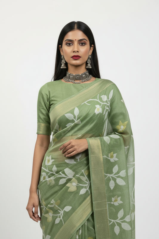 Dhaka Jamdani Cotton Saree - Pista Green with All-Over Motifs