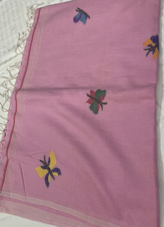 Mulmul Cotton Saree – Pink with Butterfly Motifs
