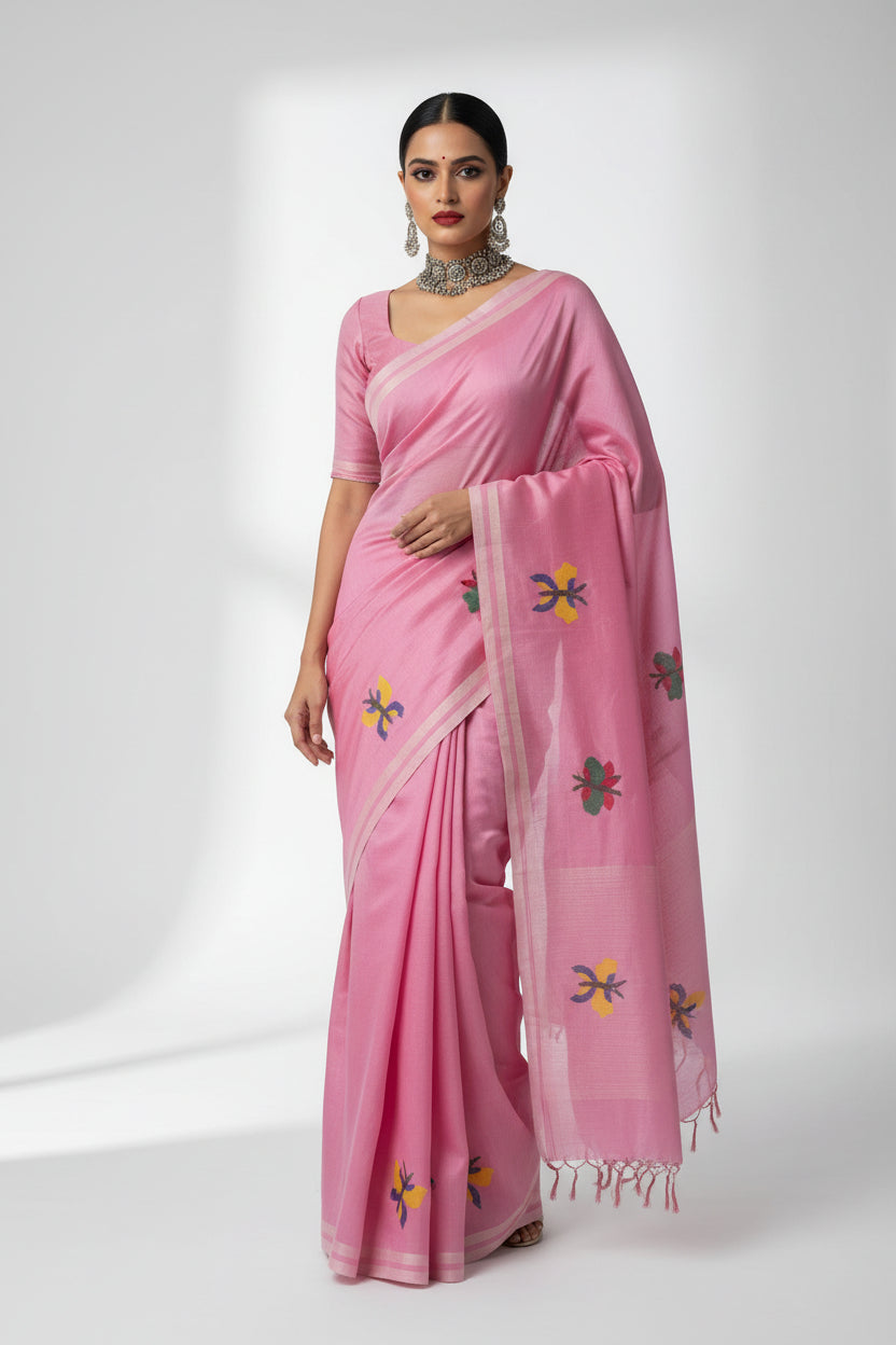 Mulmul Cotton Saree – Pink with Butterfly Motifs