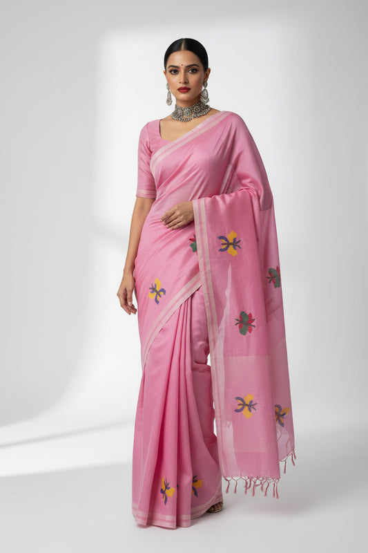 Mulmul Cotton Saree - Pink body with Butterfly Motifs