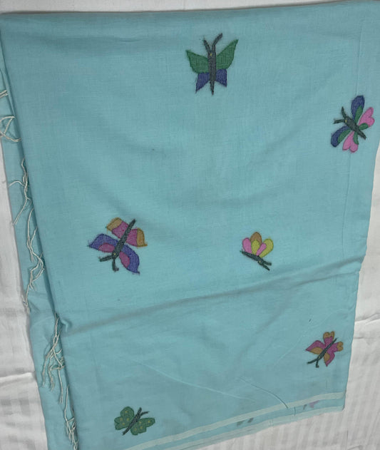 Mulmul Cotton Saree – Aqua Blue with Butterfly Motifs