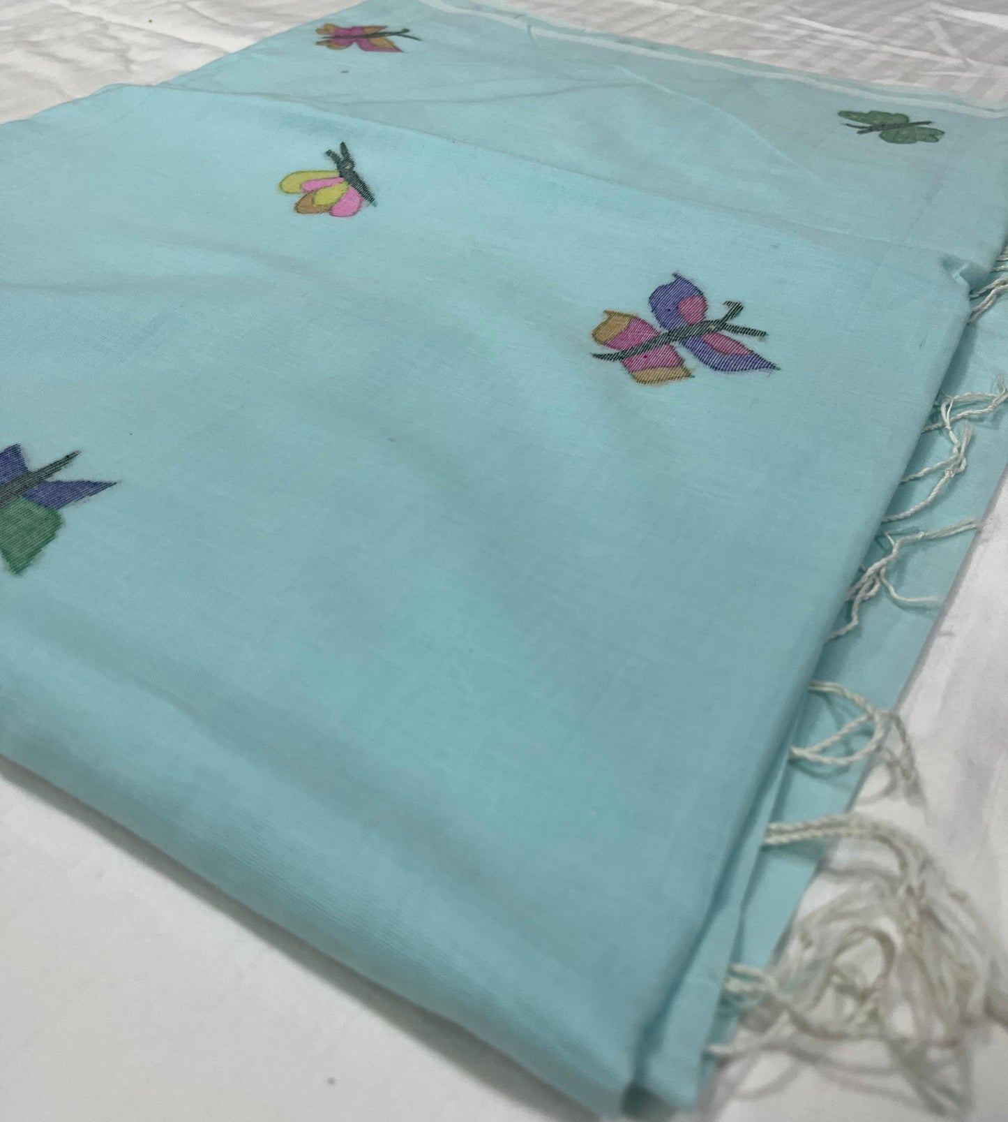 Mulmul Cotton Saree – Aqua Blue with Butterfly Motifs
