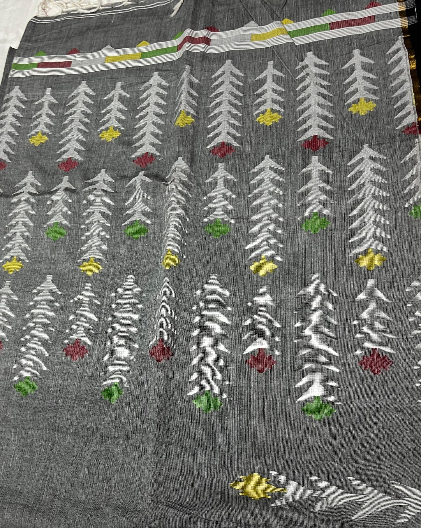 Dhaka Mulmul Cotton Saree - Grey Base with Balu Chudi Motifs