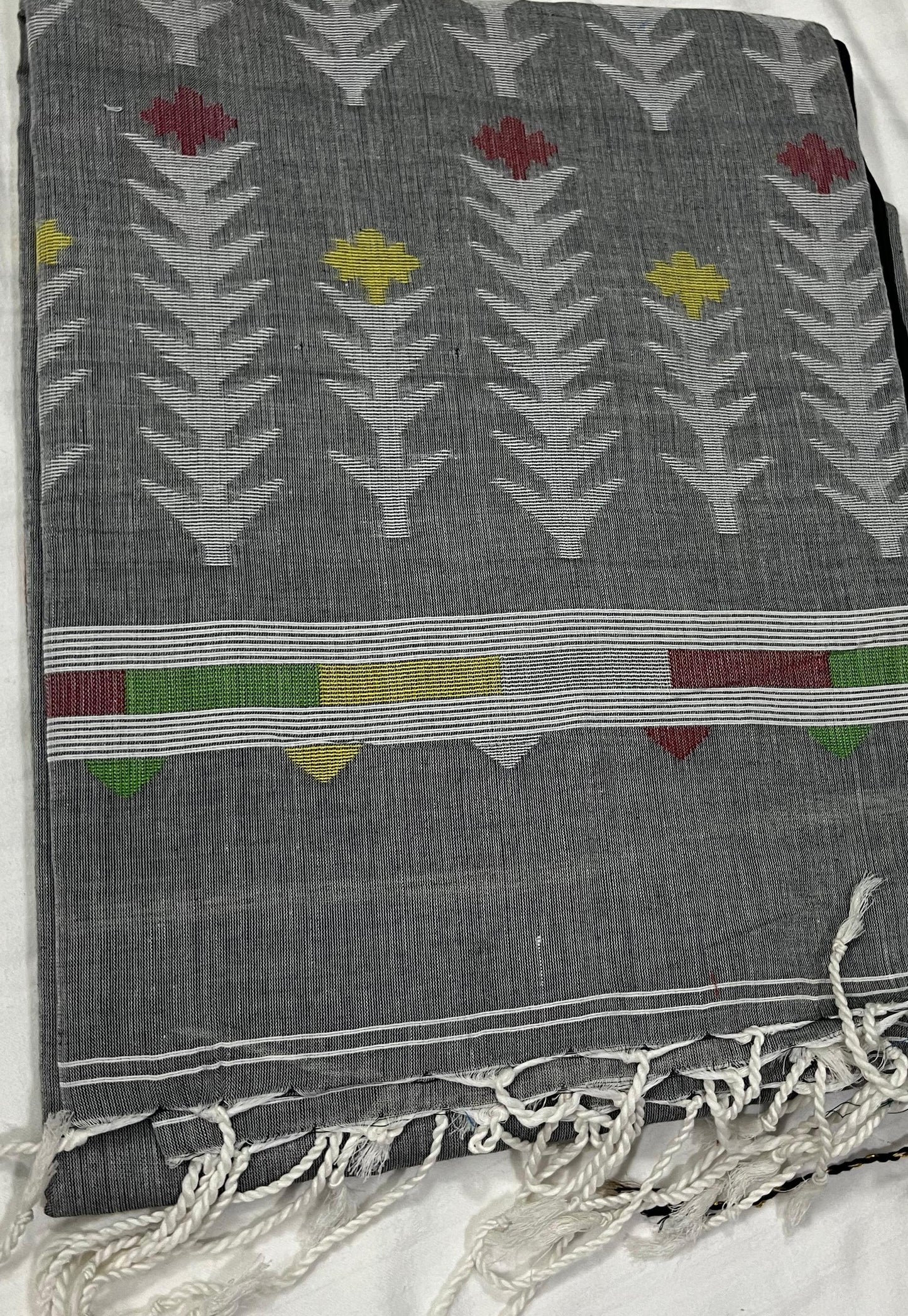 Dhaka Mulmul Cotton Saree - Grey Base with Balu Chudi Motifs