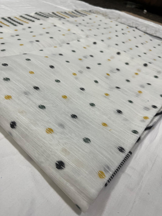 Dhaka Jamdani Saree – White Base with All-Over Black & Beige Boota