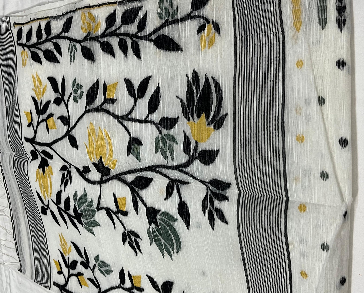 Dhaka Jamdani Saree – White Base with All-Over Black & Beige Boota