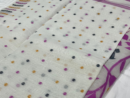 Dhaka Jamdani Saree – White Base with All-Over Pink & Black Boota