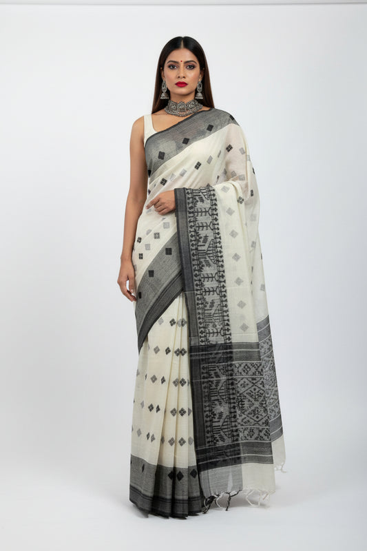 Dhaka Jamdani Saree – White with Black Butta (Without Blouse Piece)