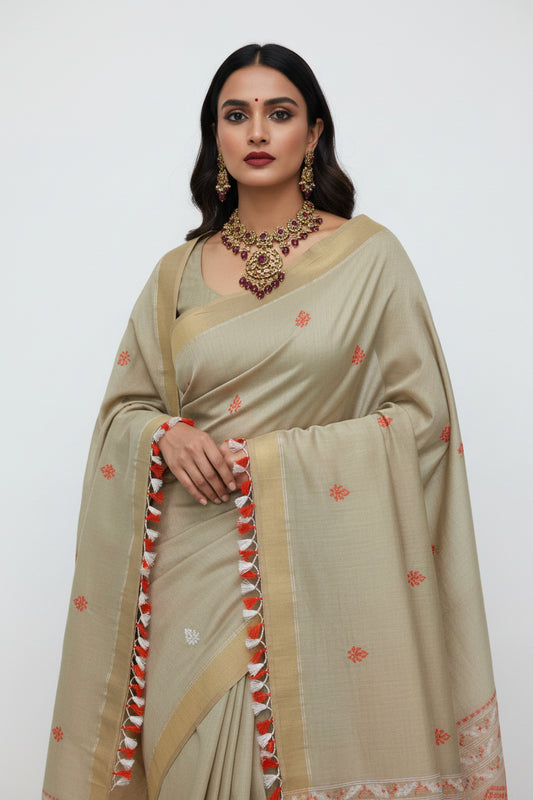 Dhaka Mulmul Cotton Saree – Balu Chudi-Biscuit Colour