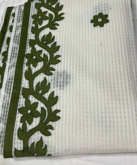 Kota Silk Patchwork Saree – White Body with Olive Green Patchwork Border