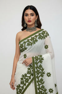Kota Silk Patchwork Saree – White Body with Olive Green Patchwork Border