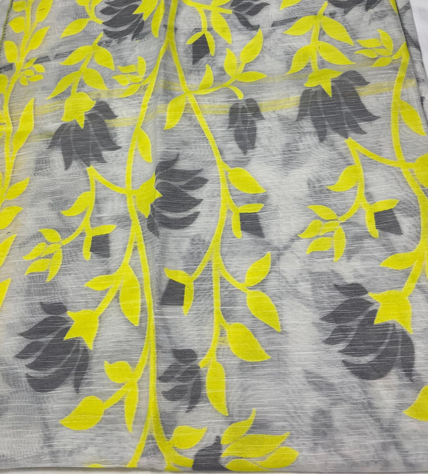 Dhaka Cotton All-Over Jamdani – White Base with Yellow & Grey Weave