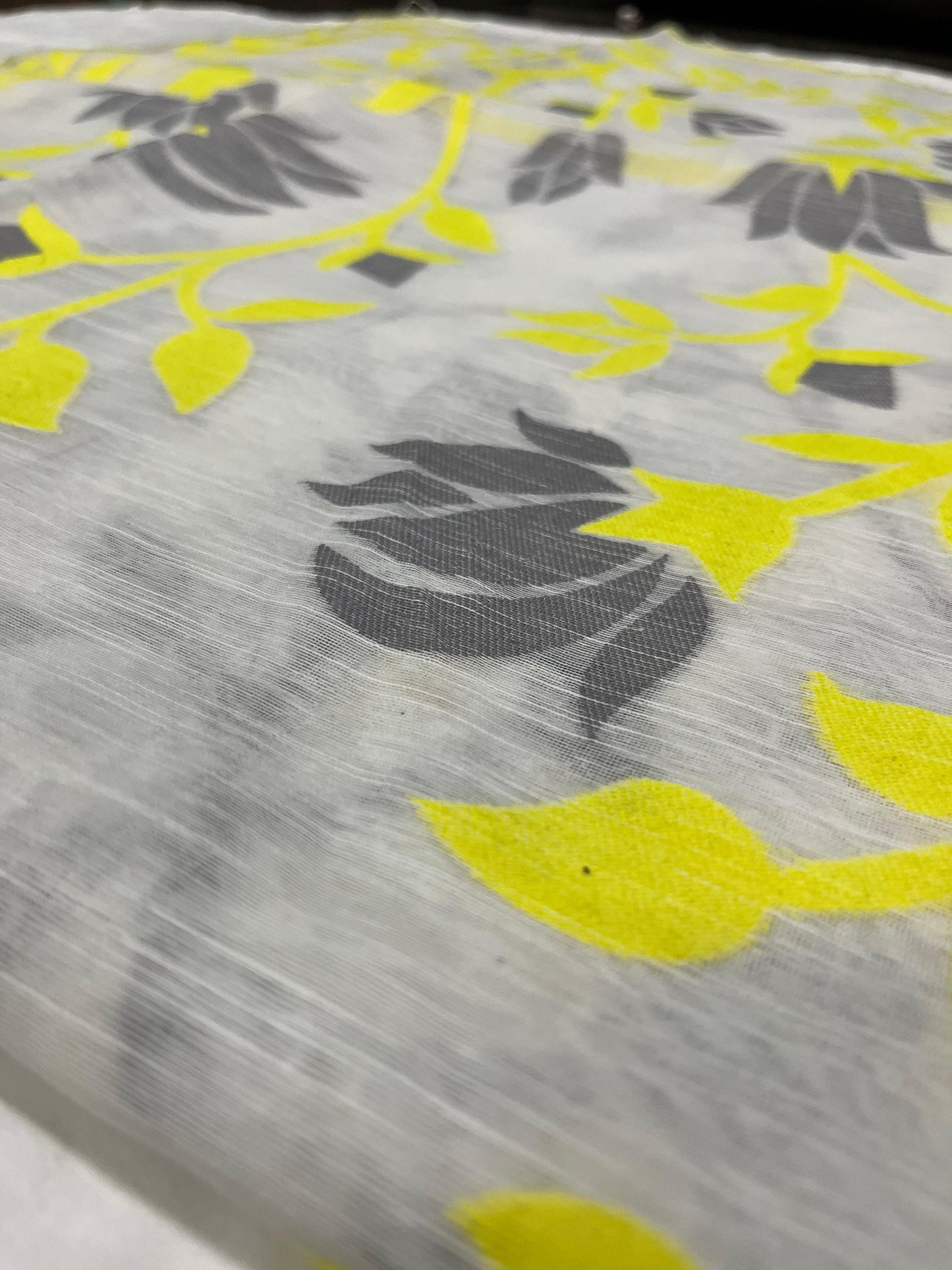 Dhaka Cotton All-Over Jamdani – White Base with Yellow & Grey Weave