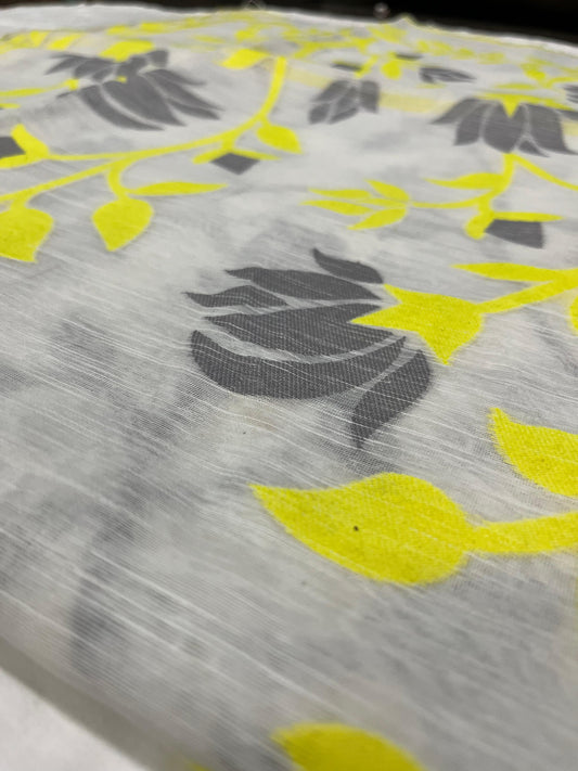 Dhaka Cotton All-Over Jamdani – White Base with Yellow & Grey Weave