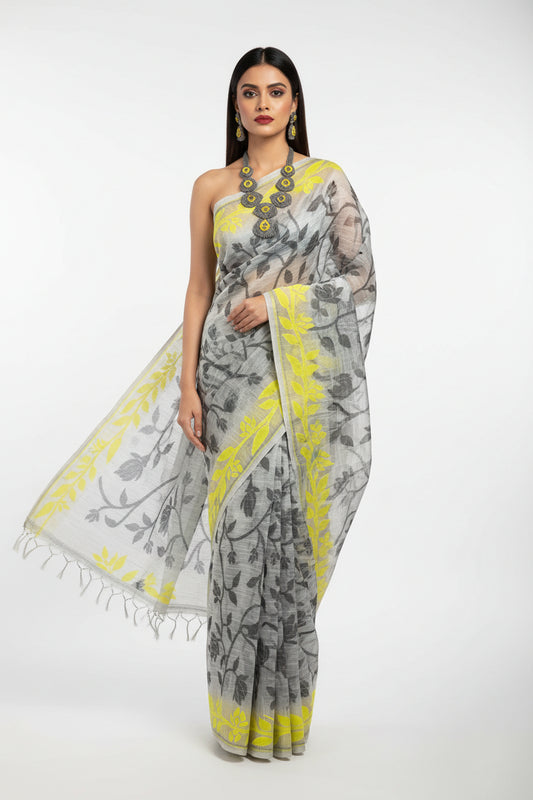 Dhaka Cotton All-Over Jamdani – White Base with Yellow & Grey Weave