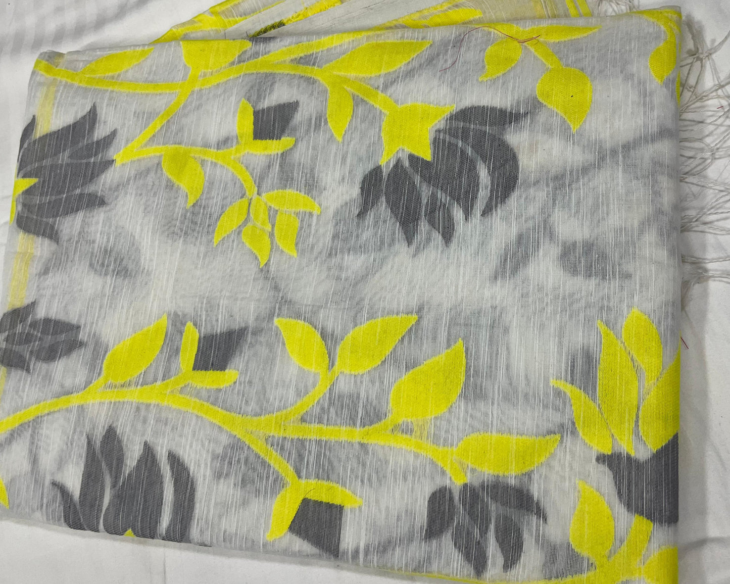 Dhaka Cotton All-Over Jamdani – White Base with Yellow & Grey Weave