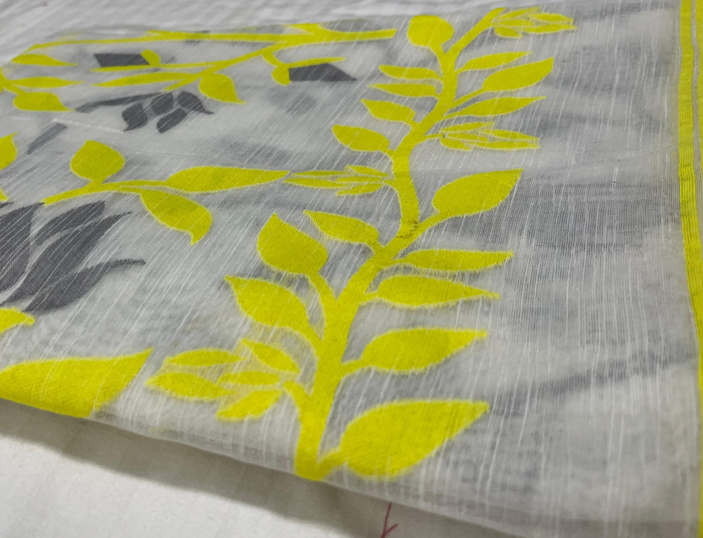 Dhaka Cotton All-Over Jamdani – White Base with Yellow & Grey Weave