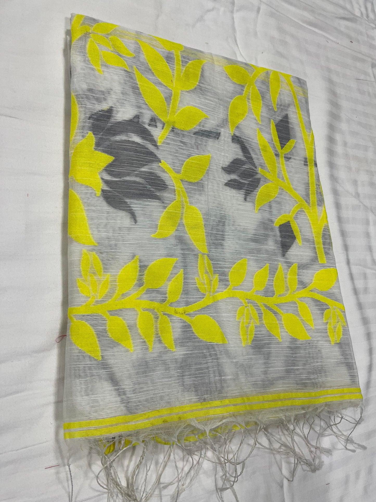 Dhaka Cotton All-Over Jamdani – White Base with Yellow & Grey Weave