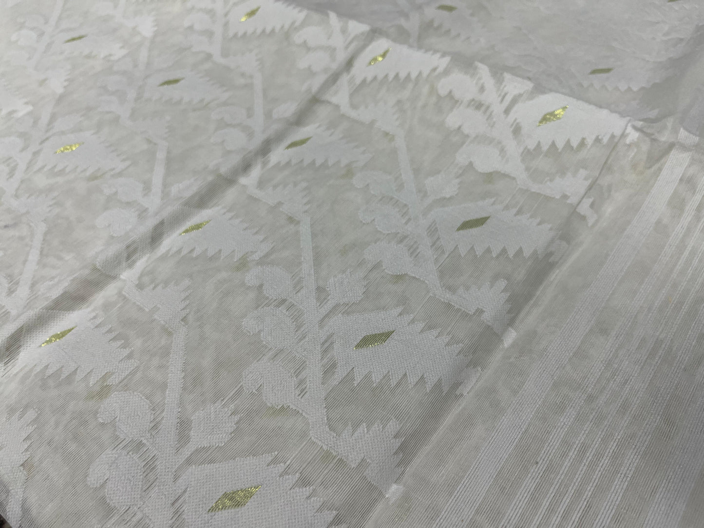 Cotton Dhaka Jamdani Saree – All-White with Woven Motifs