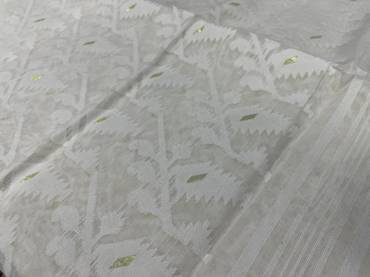 Cotton Dhaka Jamdani Saree – All-White with Woven Motifs