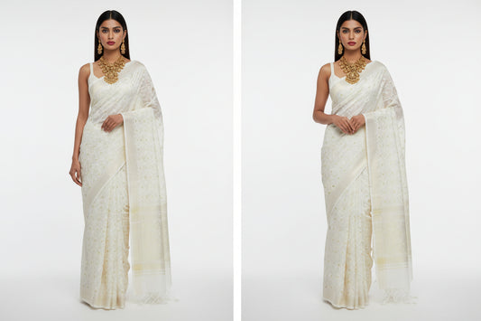Cotton Dhaka Jamdani Saree – All-White with Woven Motifs