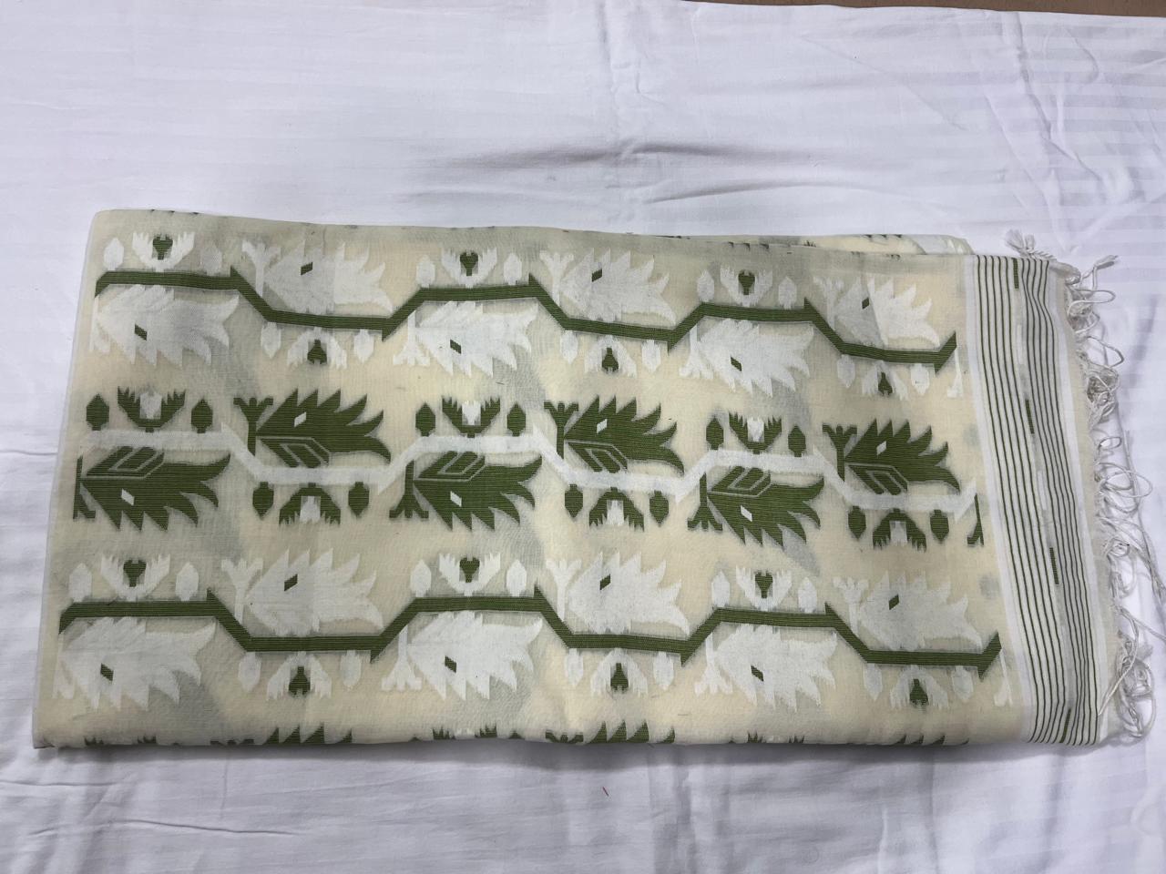 Dhaka Cotton Jamdani - Full Body Weave White & Green