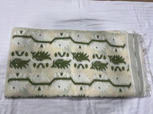 Dhaka Cotton Jamdani - Full Body Weave White & Green
