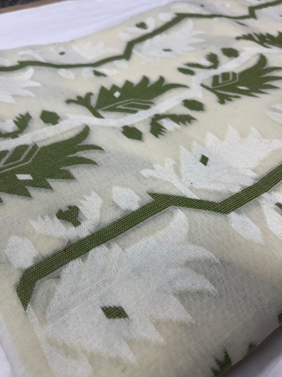 Dhaka Cotton Jamdani - Full Body Weave White & Green