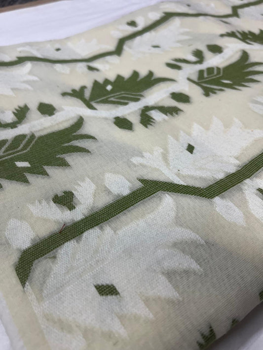 Dhaka Cotton Jamdani - Full Body Weave White & Green
