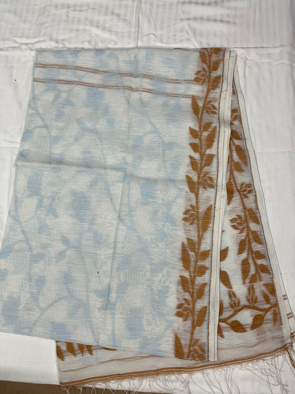 Dhaka Cotton Jamdani in White with Beige & Blue Floral Weave