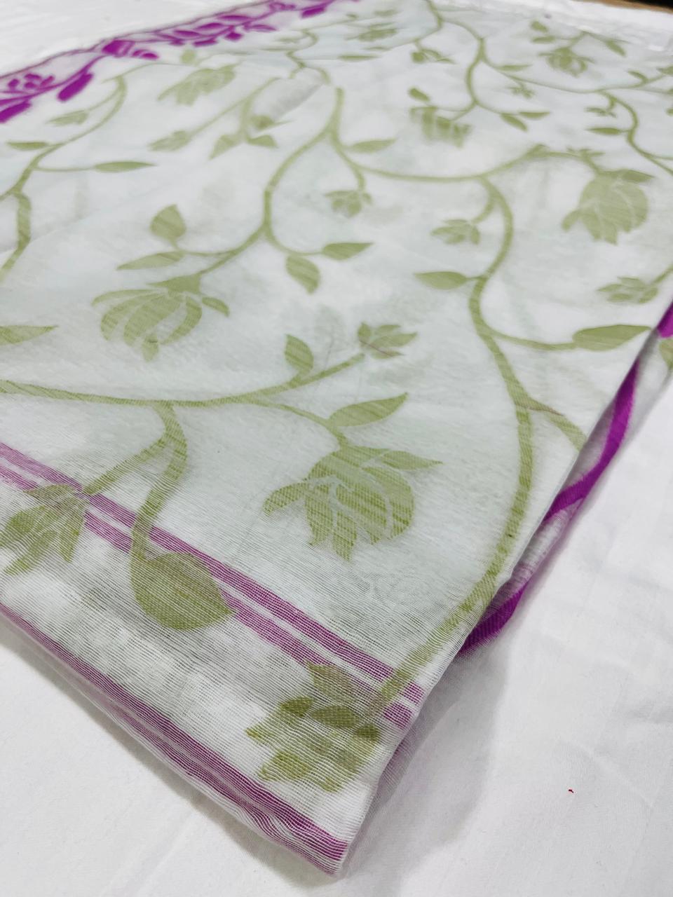 Dhaka Cotton Jamdani in White base with Violet & Green Floral Weave