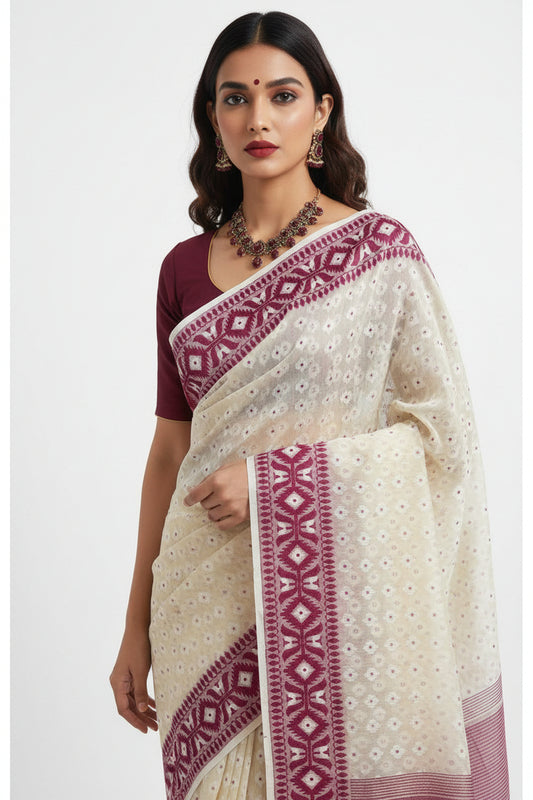 Dhaka Cotton Jamdani - Beige base with Pink Floral Weave