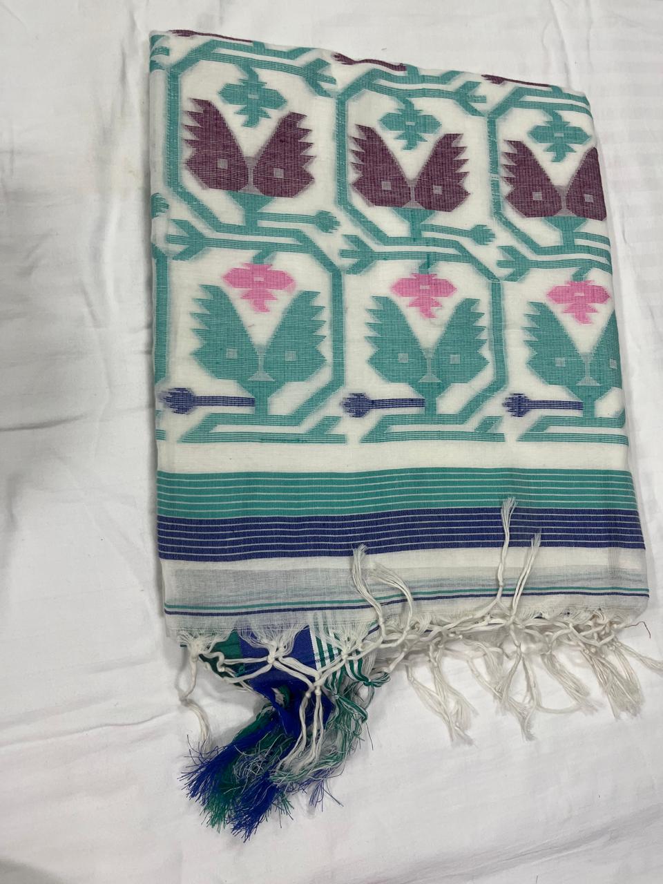 Dhaka Cotton Jamdani Butta - White base with Blue Buttas