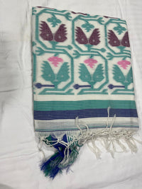 Dhaka Cotton Jamdani Butta - White base with Blue Buttas