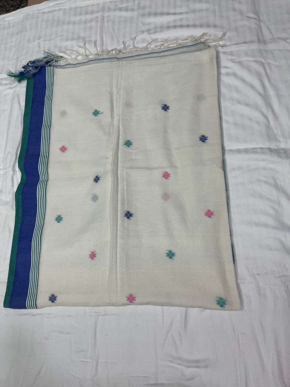 Dhaka Cotton Jamdani Butta - White base with Blue Buttas
