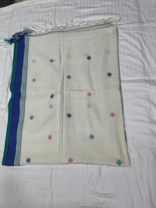 Dhaka Cotton Jamdani Butta - White base with Blue Buttas