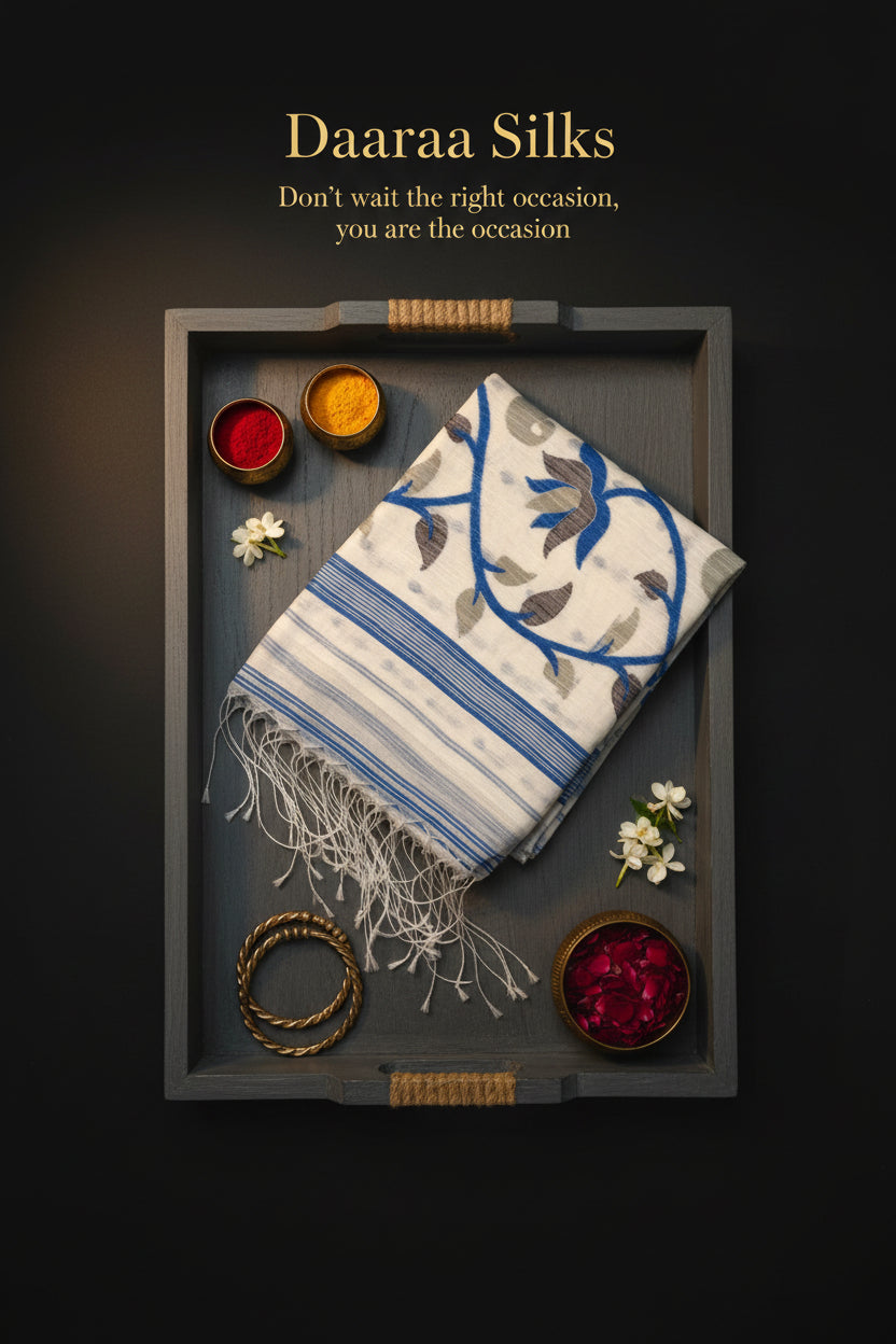 Dhaka Cotton Jamdani in White base with Blue & Silver Floral Weave