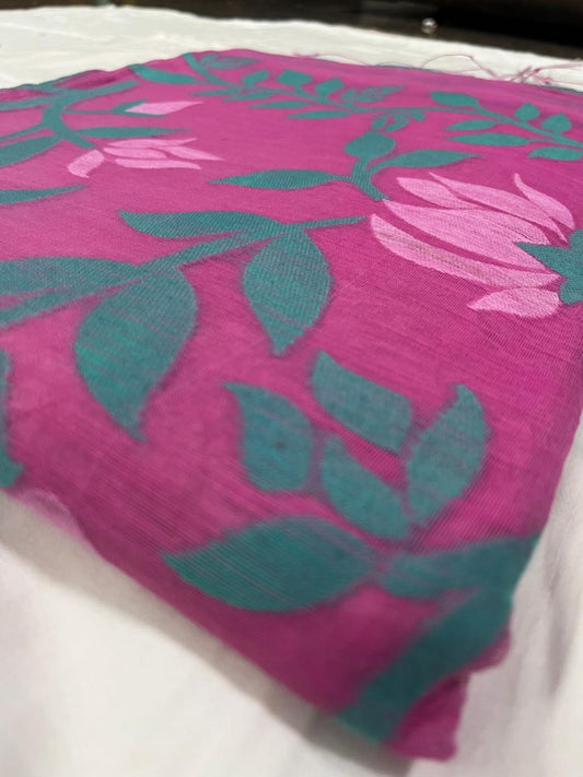 Dhaka Cotton Jamdani in Pink with Floral Weave