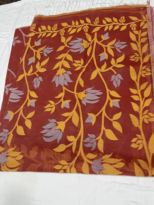 Dhaka Cotton Jamdani in Dusty Orange  with Floral Weave
