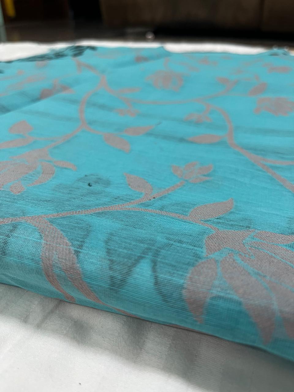 Dhaka Cotton Jamdani in Aqua Blue with Floral Weave