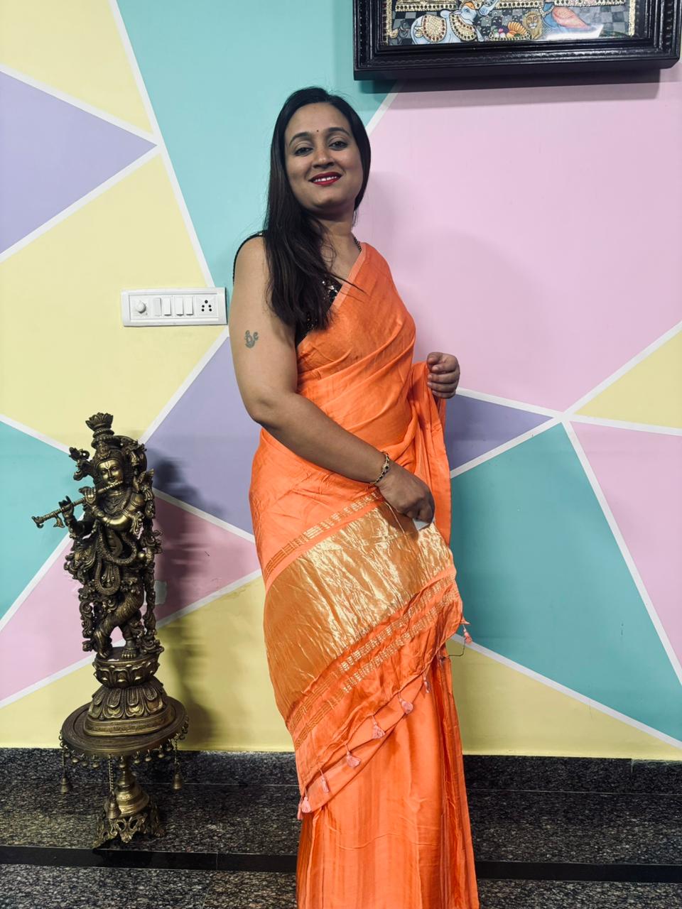 Plain Laggadi Pallu-Peach Orange