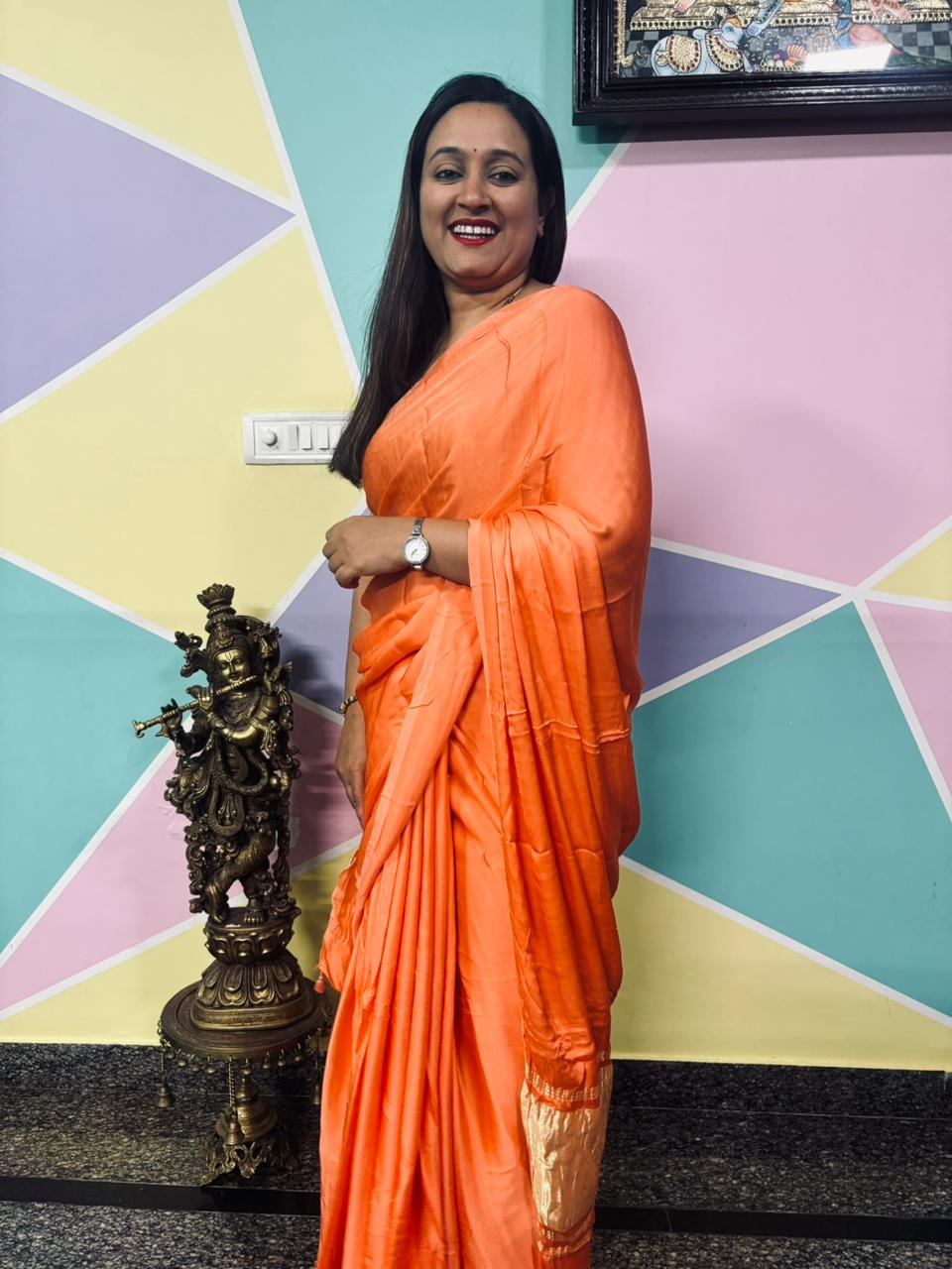 Plain Laggadi Pallu-Peach Orange