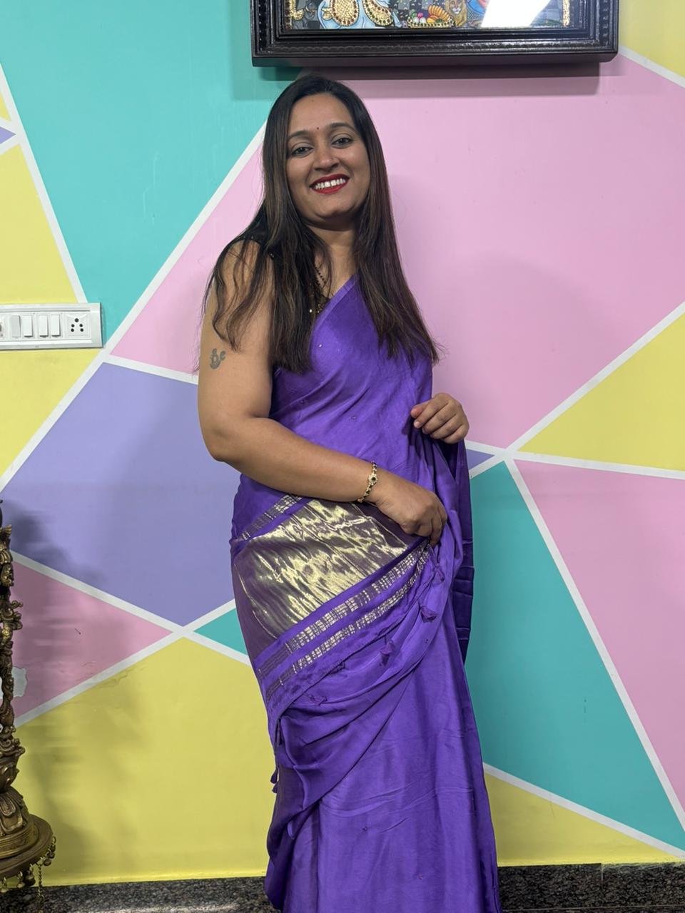 Plain Laggadi Pallu Mirror Work Saree-Lavendor