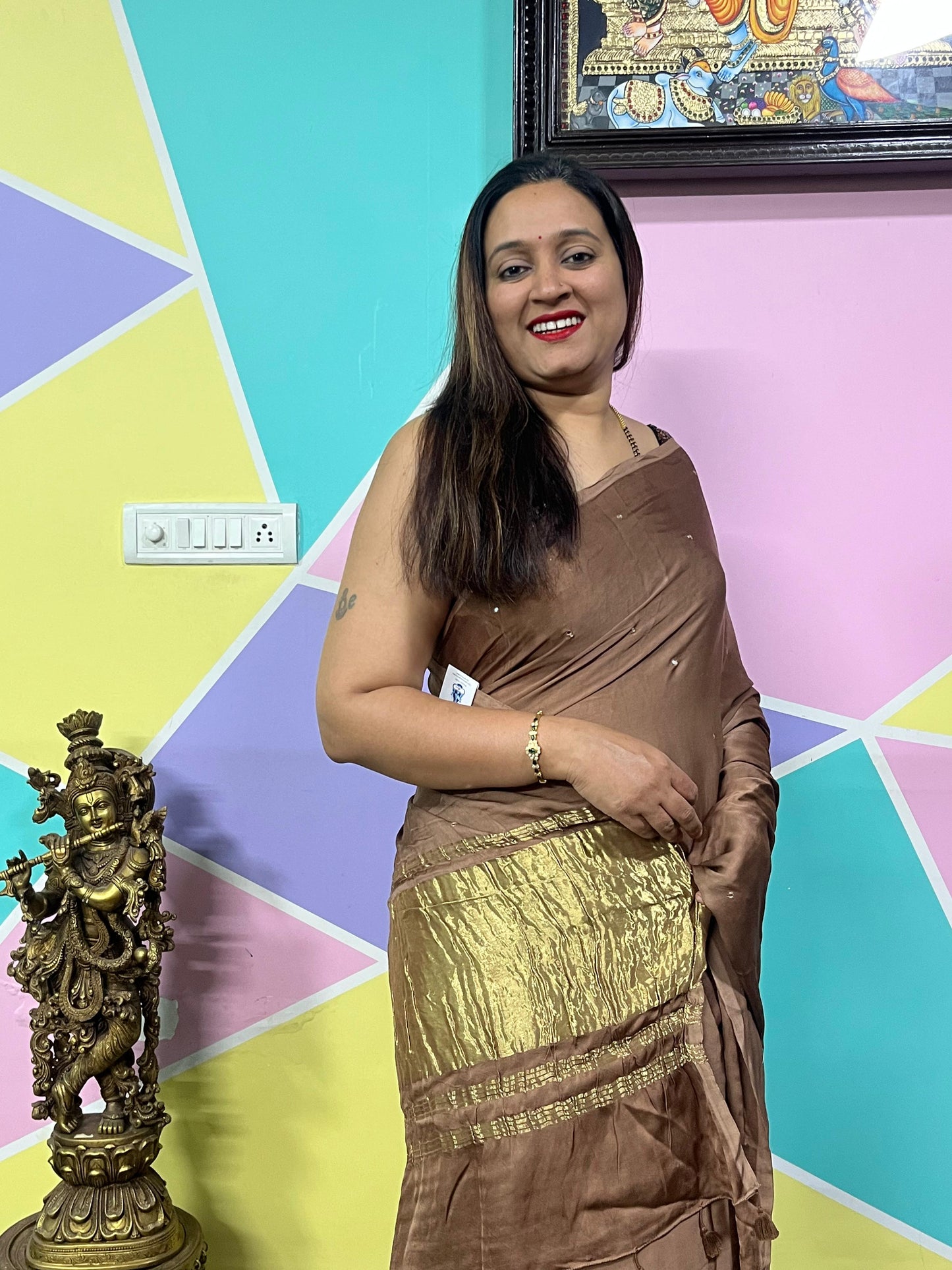 Laggadi Pallu Mirror Work Saree – Chikku Brown