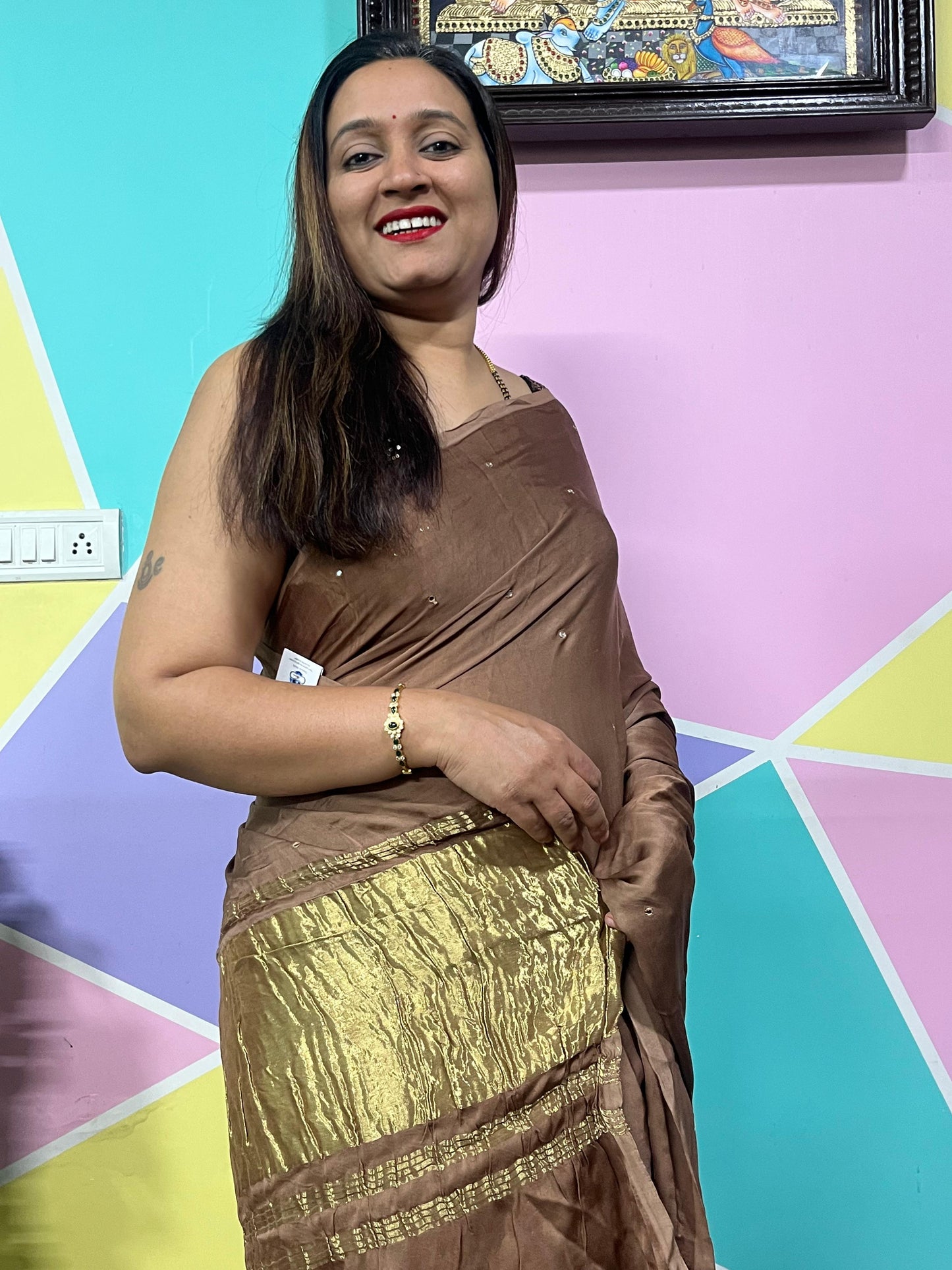 Laggadi Pallu Mirror Work Saree – Chikku Brown